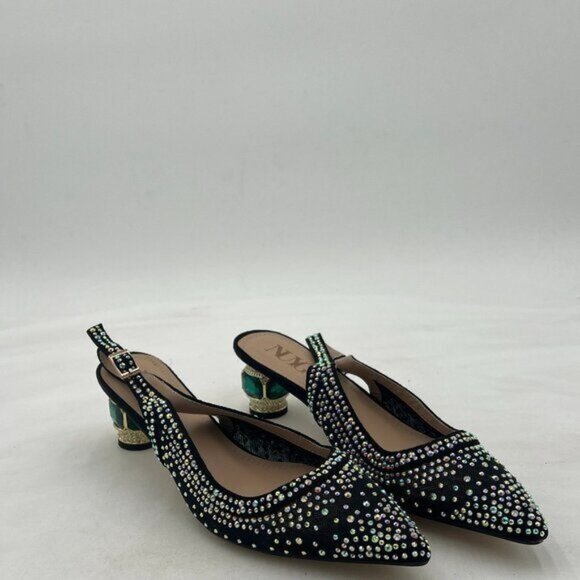 Women Pointed Toe Slingback Wedding Pumps Chunky Low Heel Rhinestone Sandals - Picture 1 of 7